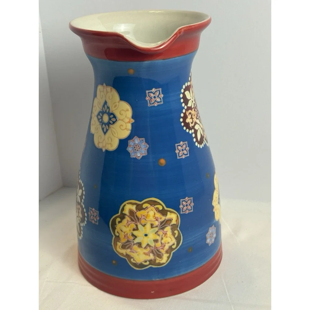 Dutch Wax Coastline Imports Floral Ceramic Pitcher Hand Painted Boho 9.5”